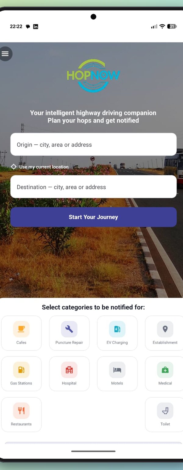 HopNow home screen — plan your journey and choose alert categories