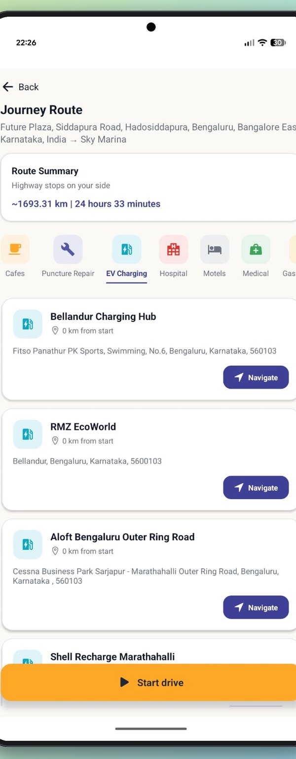HopNow route screen listing stops along the highway
